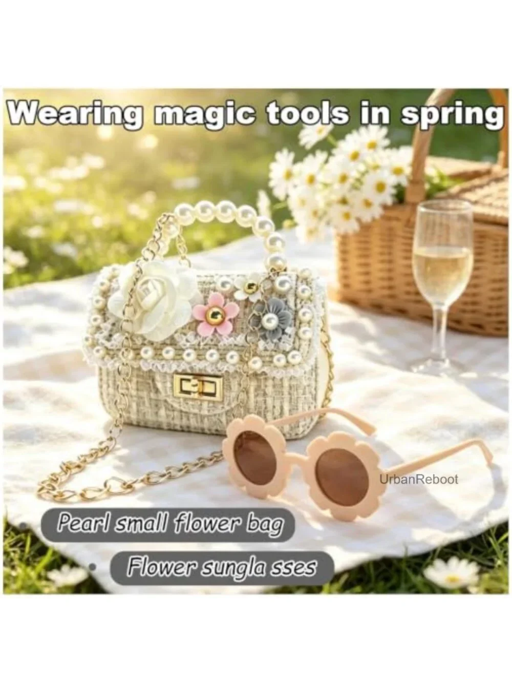 Girls Mini Crossbody Chain Purse Set with Sunglasses Pearl Handle